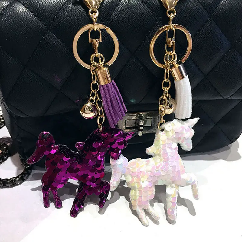 

Cute Unicorn Keychain Glitter Pompom Horse Sequins Key Ring Gifts For Women Llaveros Mujer Charms Car Bag Accessories Key Chain
