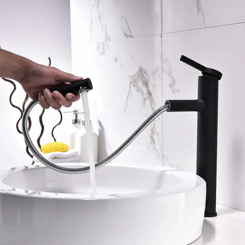 

Toilet bathroom cold and hot water faucet table on stage and down basin can pull out faucet washbasin black rotatable faucet