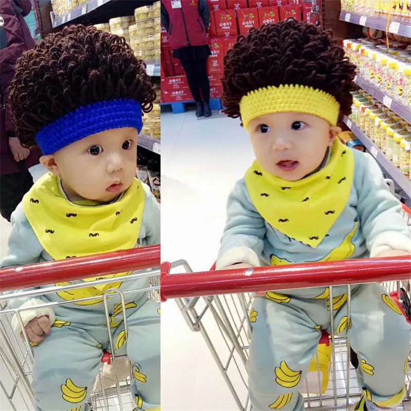

Newborn Baby Boy Kids Warm Hat Cotton with wig Head Bobble Knit Crochet Beanie Cap New 1-4 years