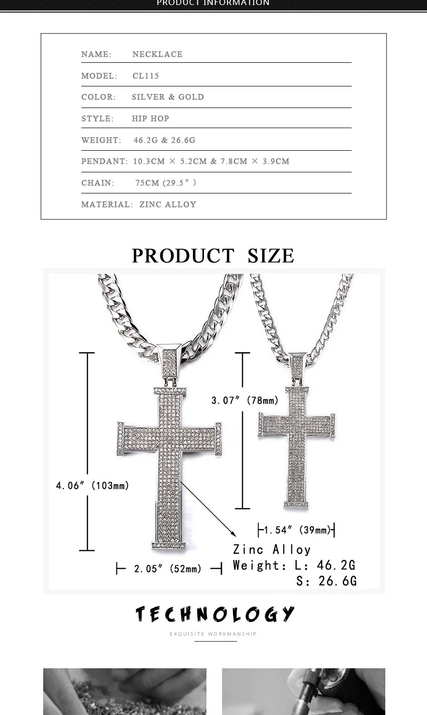 Iced Out Сияющий Кристалл крест кулон золото/серебро мужчины модное ожерелье в форме Креста цепи мужчины Рэппер Куба ожерелье