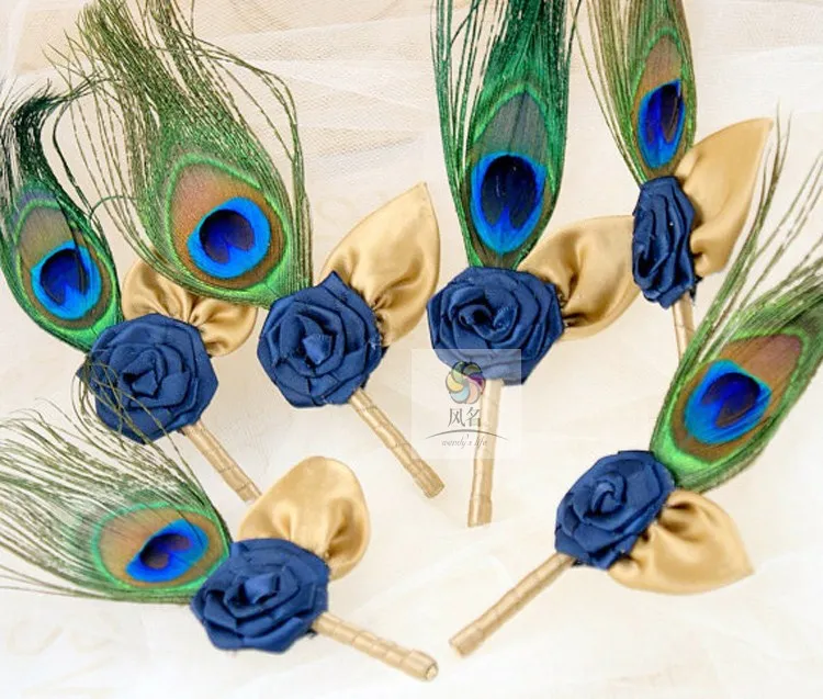 

5Pcs/Lot Peacock Feathers Groom Boutonniere Groomsman Buttonholes Best Man Flower Brooch Wedding Party Prom Men Suit Corsage