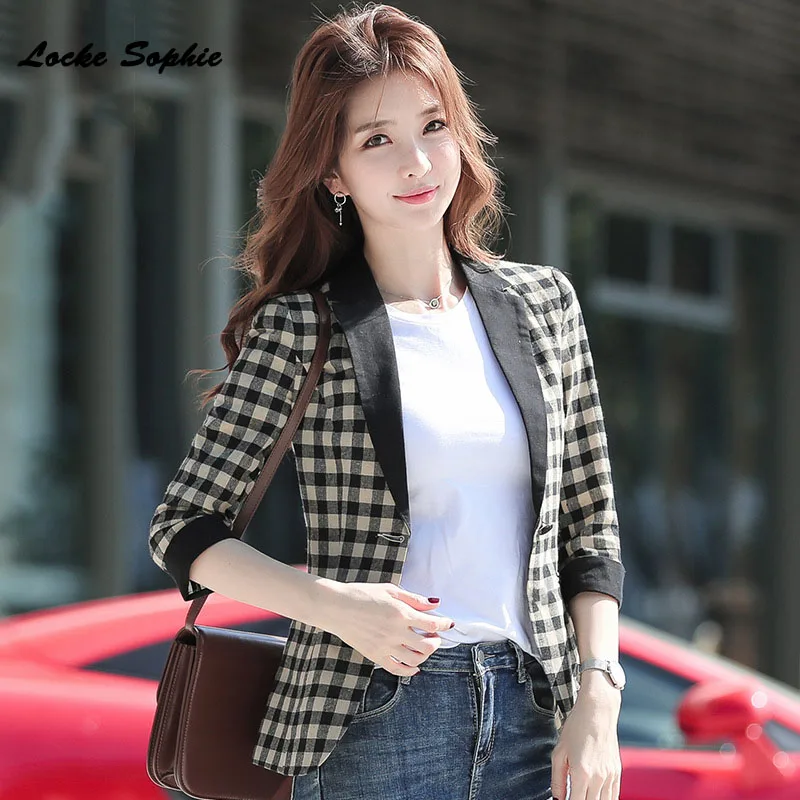 1pcs Women Plus size Slim fit Blazers coats 2019 Summer cotton blend plaid Small Suits jackets ladies Skinny Blazers Suits coats
