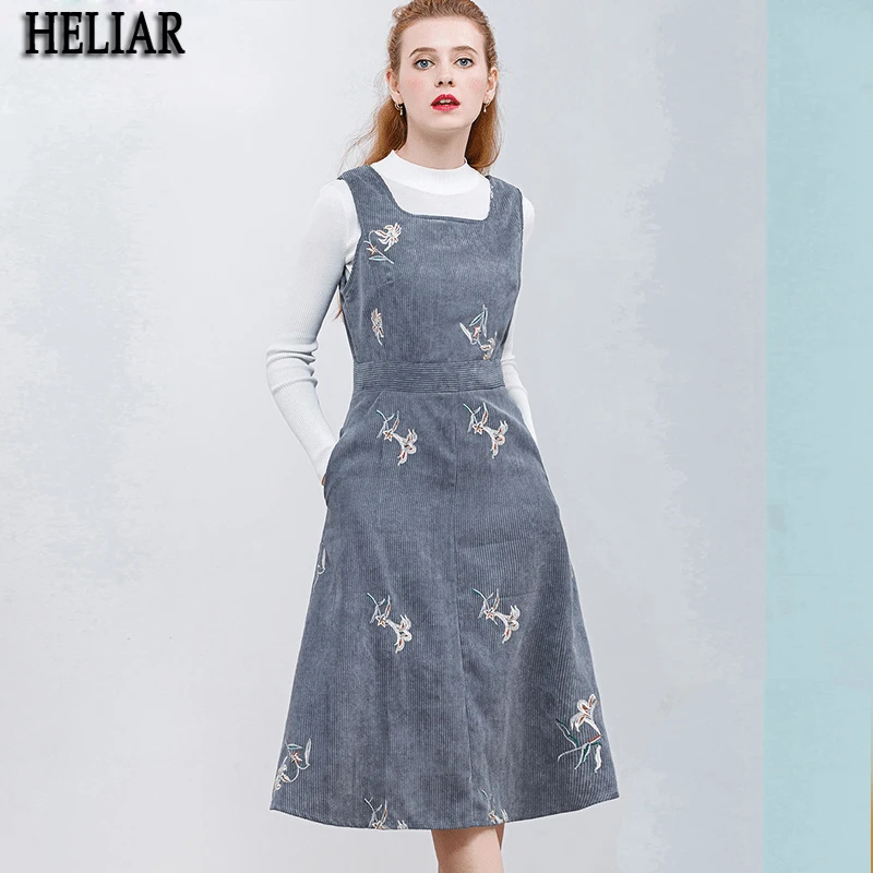 HELIAR Winter Sleeveless Embroidery Corduroy Dress Elegant Women Velvet Dress A-Line Dresses Pocket Grey Vintage Vestidos