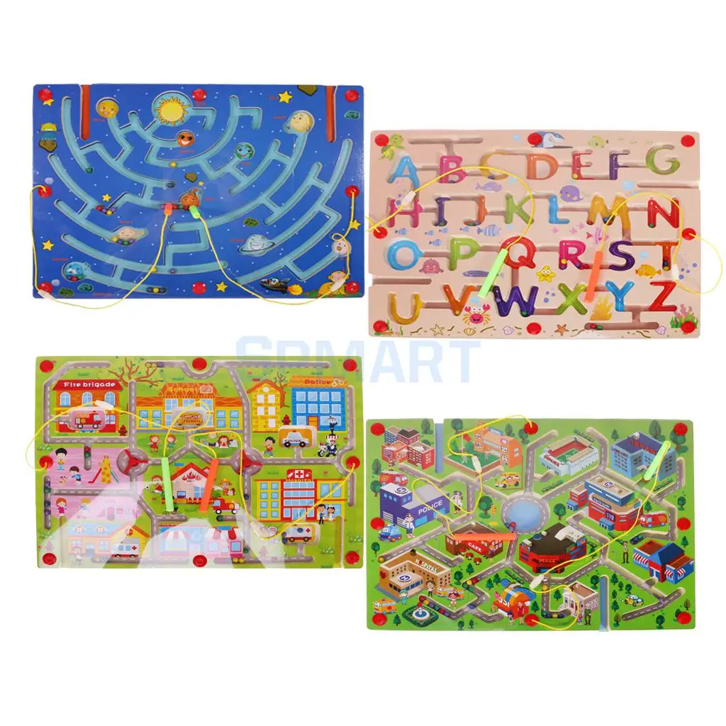 

Wooden Puzzles Magnet Beads Slot Maze Board Game Magnetic Pen Labyrinth Toy