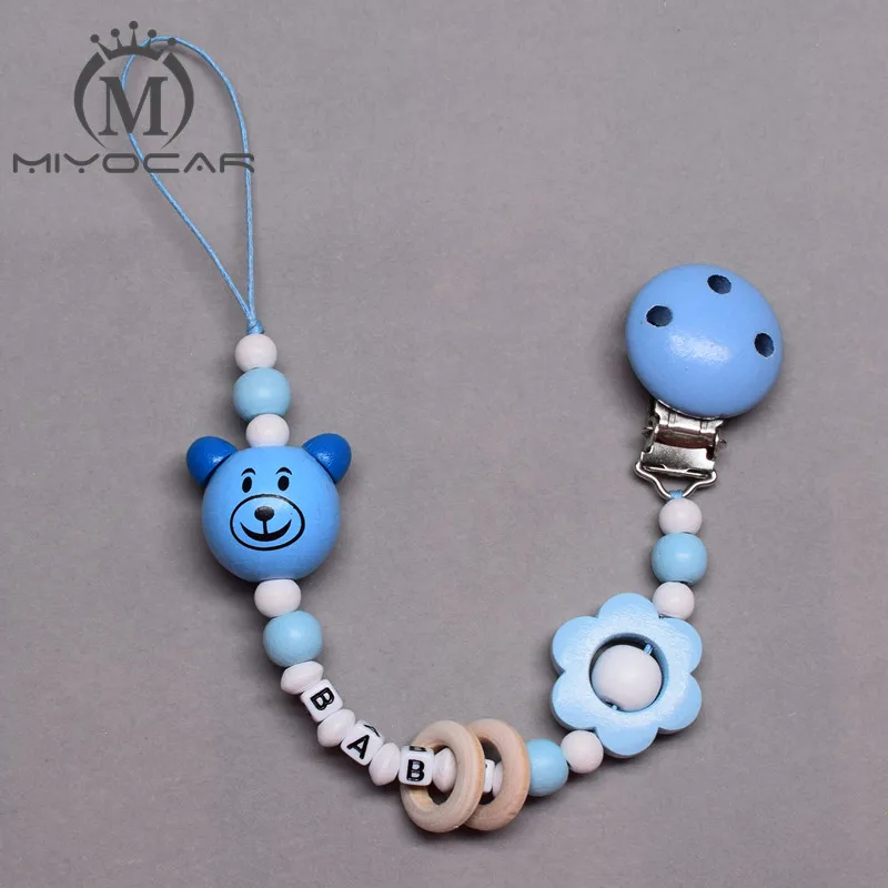 MIYOCAR Personalised Any name blue bear cute wooden beads dummy clip