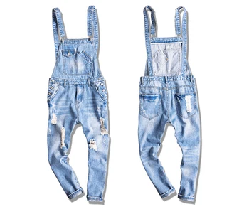 

Autumn New Mens ankle length Slim Fit light blue ripped denim Jumpsuits Plus size distressed jeans bib overalls