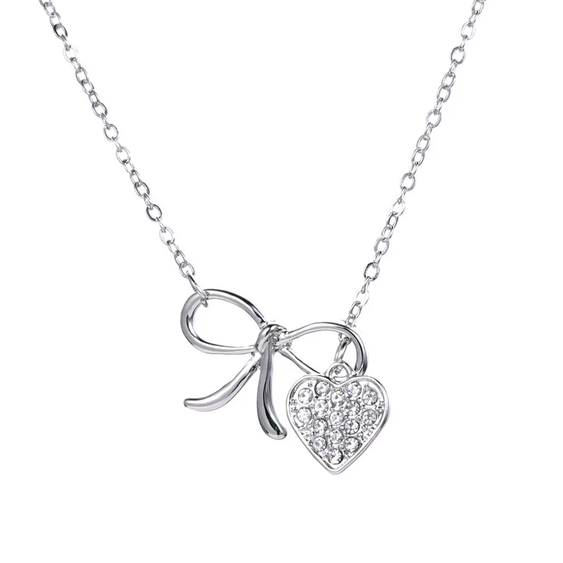 

New Arrival Bow-Knot&Heart Pendant Necklace Double Beautiful Pendants For Women Long Necklaces Top Quality Creative Gift