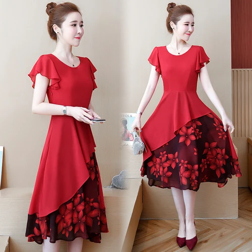 Летнее Новое поступление размера плюс с коротким рукавом Элегантное с цветочным принтом женское шифоновое длинное платье высокого качества - Цвет: Красный