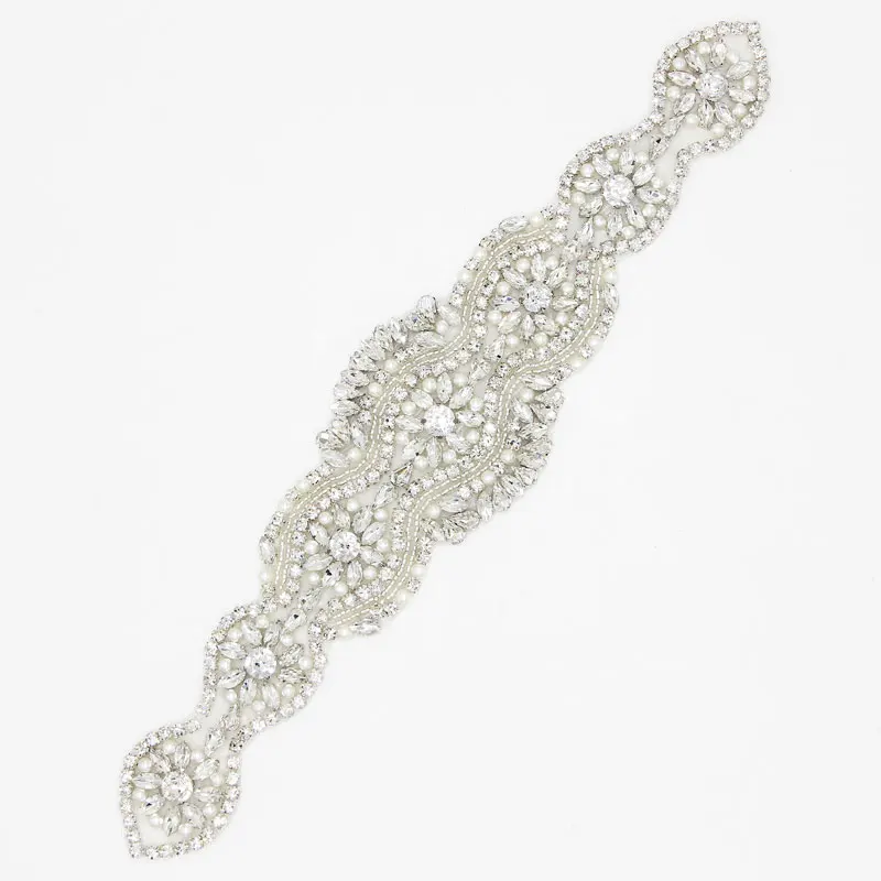 

1 Pc 34*7 cm Flower Silver Rhinestone Pearl Applique Trim For Clothes Wedding Dresses DIY High Quality
