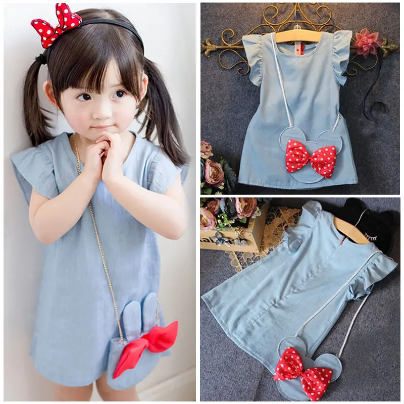 

Toddlers Kids Baby Girl Dresses 2016 Clothing Dress Cartoon . Bag Bow Dark Blue Ruffles Demin Casual Dresses Girl 1-5Y