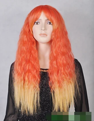 2056 free shipping New Cosplay Orange Dark Yellow long Curly Heat Resistant Full wig |