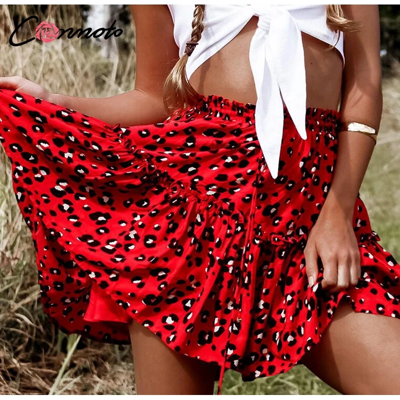 Conmoto Короткая яркая юбка с леопардовым принтом, женские юбки со шнуровкой, красная юбка с высокой талией, лето