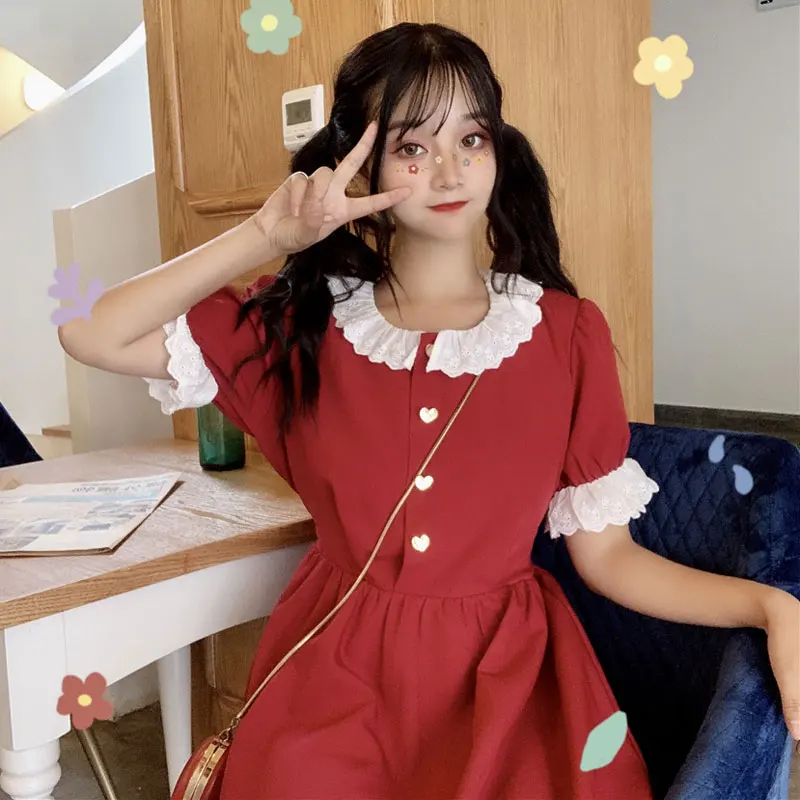 

Japanese Style Women Cute Dress Harajuku Kawaii Lace Ruffles Sweet Dress Casual Preppy College Mori Girl Short Sleeve Red Dress