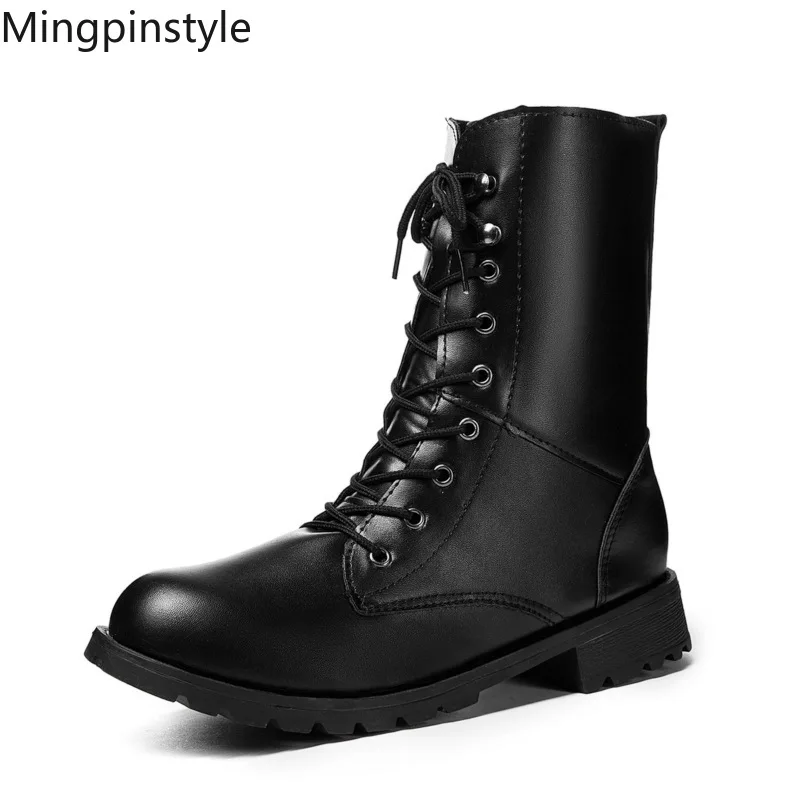 

Mingpinstyle 2018 Autumn Winter Women's Boots Combat Boots Cross-tied Black Up Motorcycle-Boots Mid-calf Women Shoes