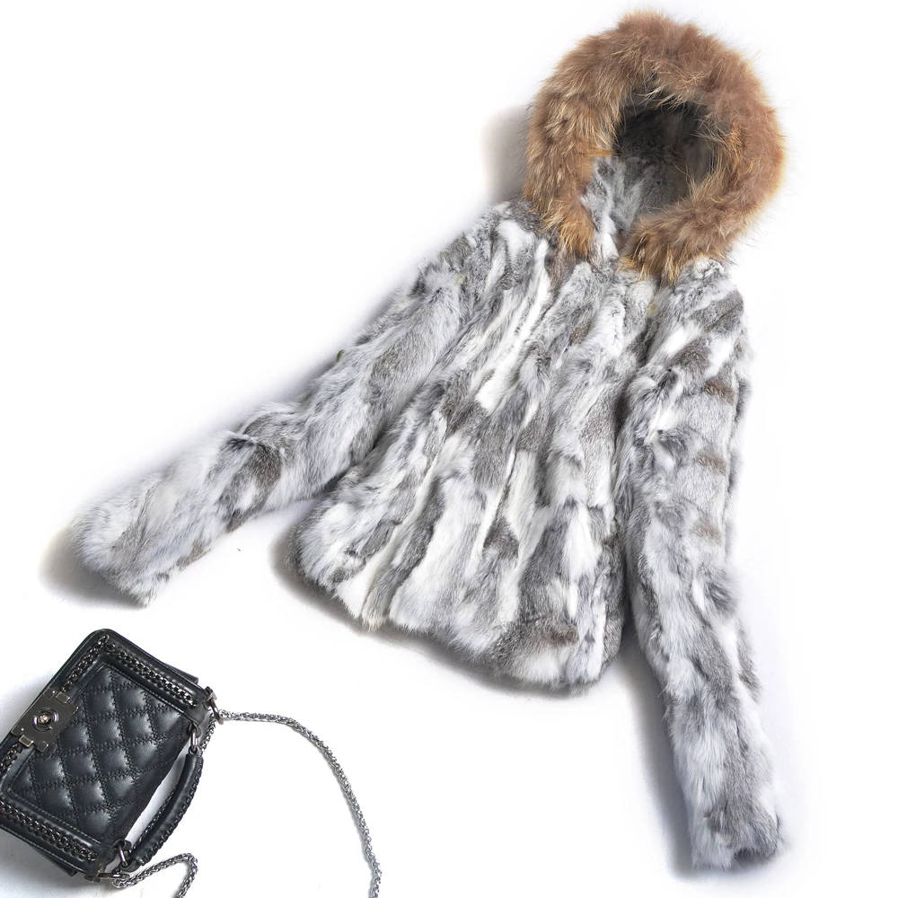 Genuine Rabbit Fur Coat with hood Jacket and Luxury Natural Real