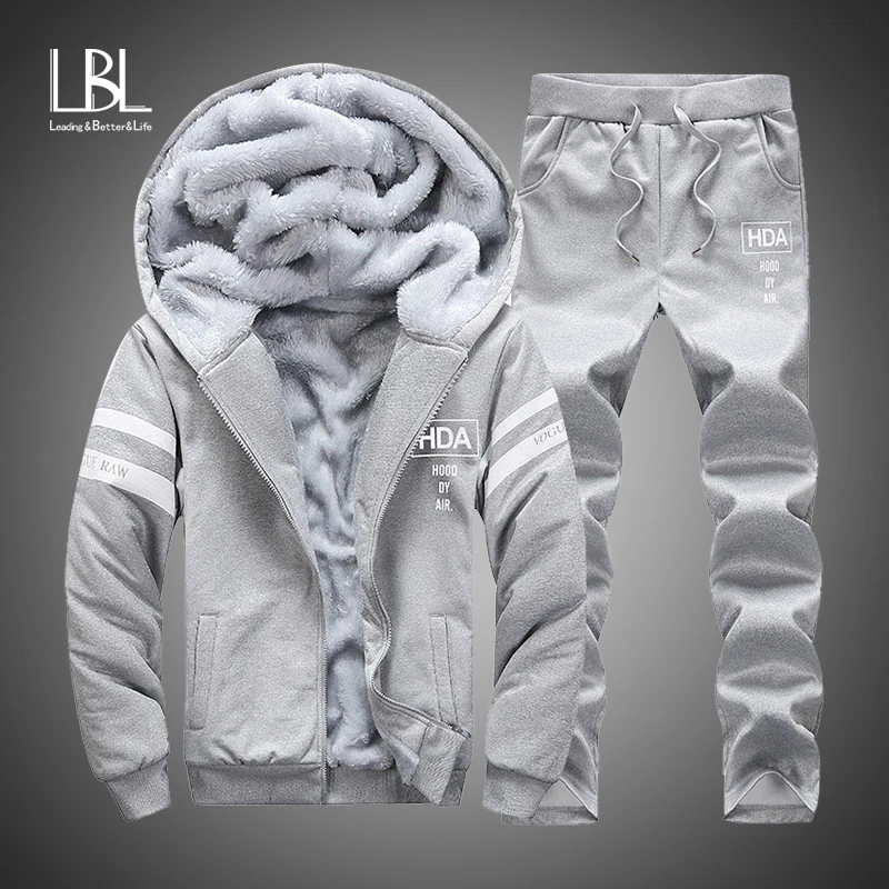 Prix Sports d hiver costume hommes épais chaud ensemble survêtement 2 pièces sweats à capuche cardigan à fermeture éclair polaire Hoodies + pantalon décontracté hommes ensemble