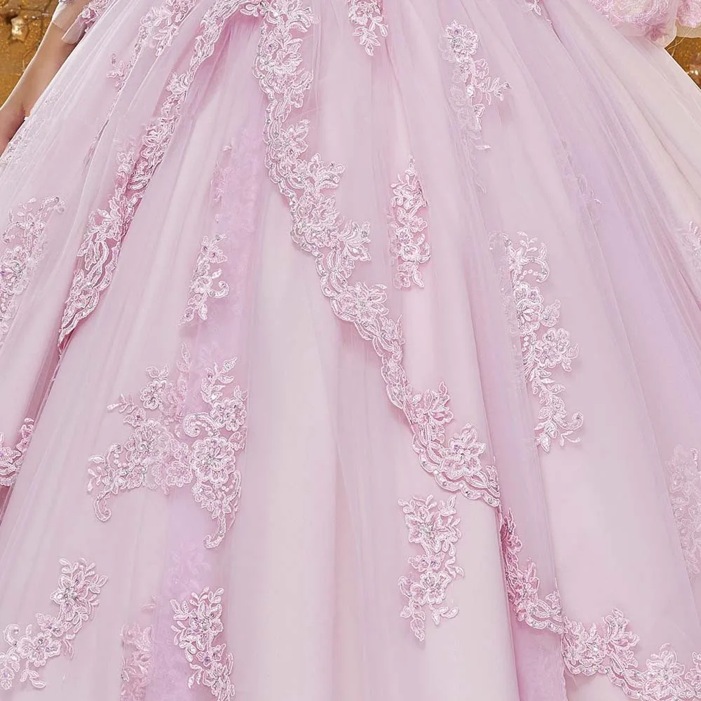 Элегантное Пышное Бальное платье розовые платья Quinceanera широкий длинный рукав аппликации из бисера платье-принцесса для выпускного вечера Vestidos 15 Anos