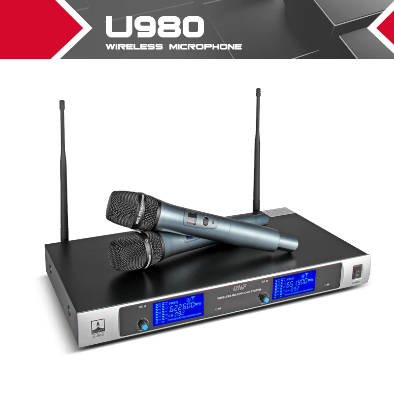 

Rocket Audio WIRELESS Microphone Metal construction PRO Karaoke Dual 2 Channel LED with Fixed Frequency U980 Home Party Chuch