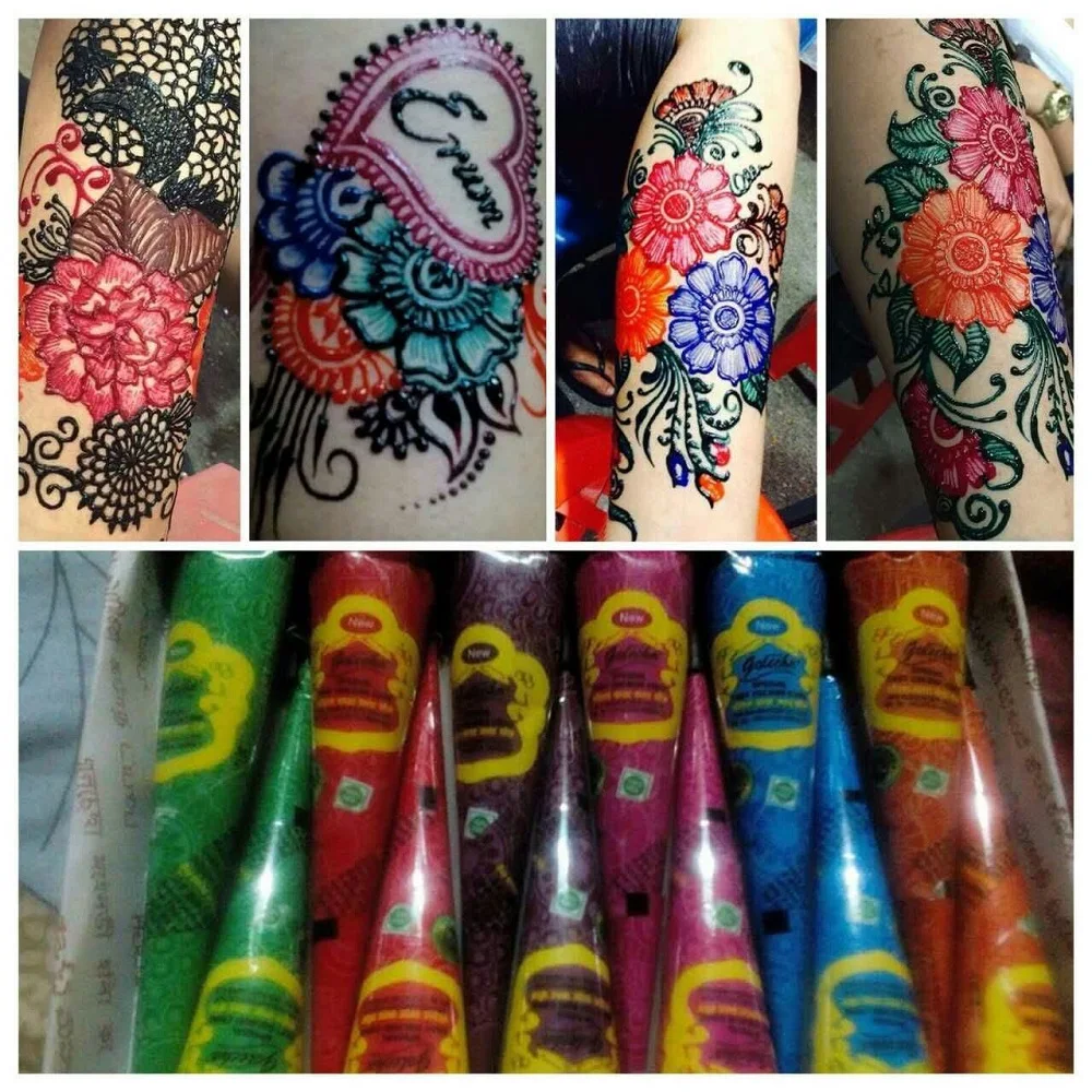 6X الملونة الحناء مخروط مؤقت غير مؤلم الهندي الوشم هيئة الفن ل اللون تصاميم MEHENDI 6X الملونة الحناء مخروط مؤقت غير مؤلم الهندي الوشم هيئة الفن ل اللون تصاميم MEHENDI