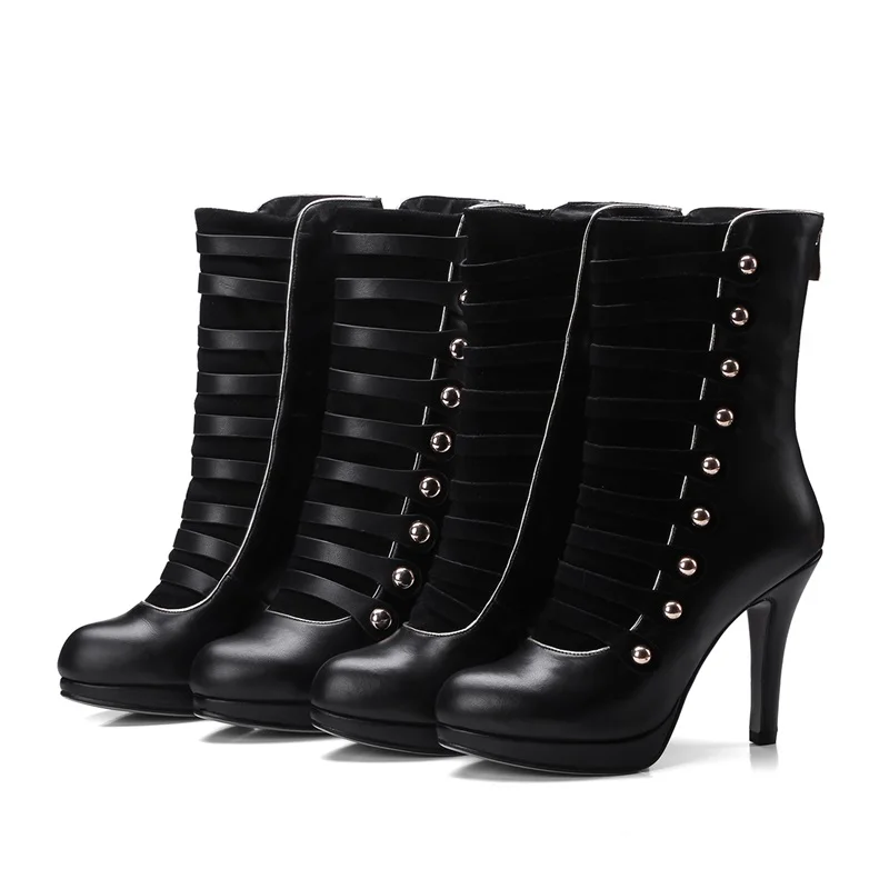 Metal Piel Nueva Tacones Mujeres cow Decoración De Cuero 2018 Plataforma Moda Super Alta Redondo Black Leather Delgada Del Zapatos Botas Genuino Suede Pie Dedo Zvq Black La Cremallera Cow 1xwP65q00