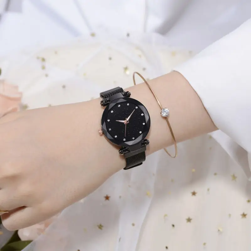 

Fashion Star Magnet Stone Mesh Belt Ladies Watch Geometric Surface Casual Ladies Quartz Watch