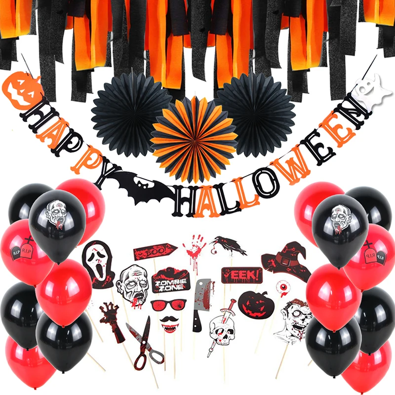 

Happy Halloween Party Decorations 2018 Halloween Photo Booth Props Latex Balloon Paper Fans Decorations Accessories for Home