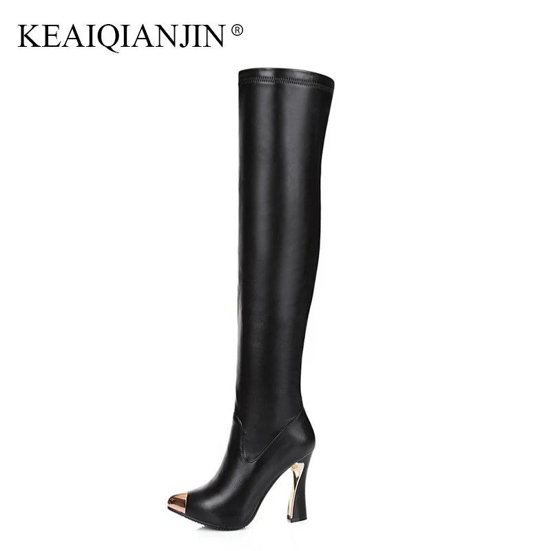 

KEAIQIANJIN Black High Heeled Shoes Autumn Winter Metal Decoration Knee High Boots Woman Genuine Leather Over The Knee Boots