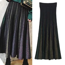 Элегантная блестящая плиссированная юбка для женщин осень зима вязаные юбки для женщин шикарный свитер А-силуэта длинная юбка для женщин Ретро блестящая юбка