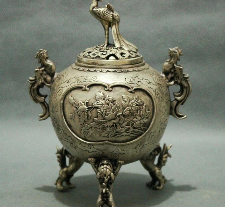 

9" China Buddhism Bronze Phoenix Lion Fu Foo Dog Statue Incense Burner Censer