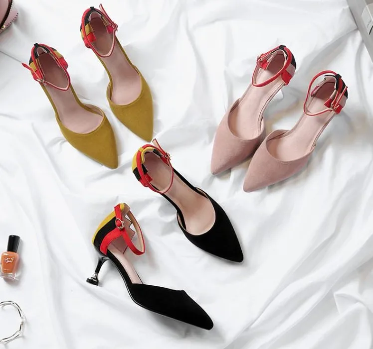 

Woman New Spring Summer Fashion Pointed Toes Sude Mixed Color Ankle Strap Kitten Heel Youth Side Hollow Out High Heel Sandals