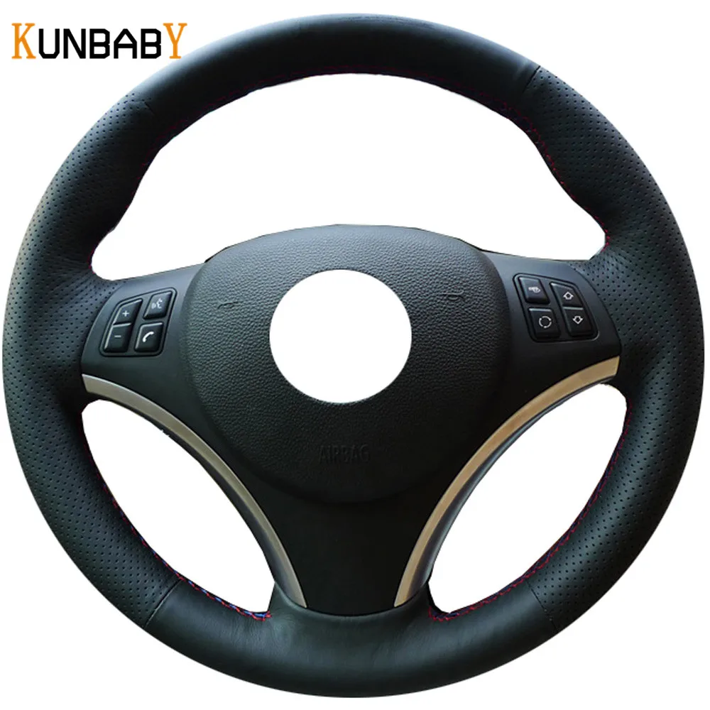 

KUNBABY Black Red Genuine leather Car Steering Wheel Cover for BMW E90 320i 325i 330i 335i E87 120i 130i 120d Car Accessories