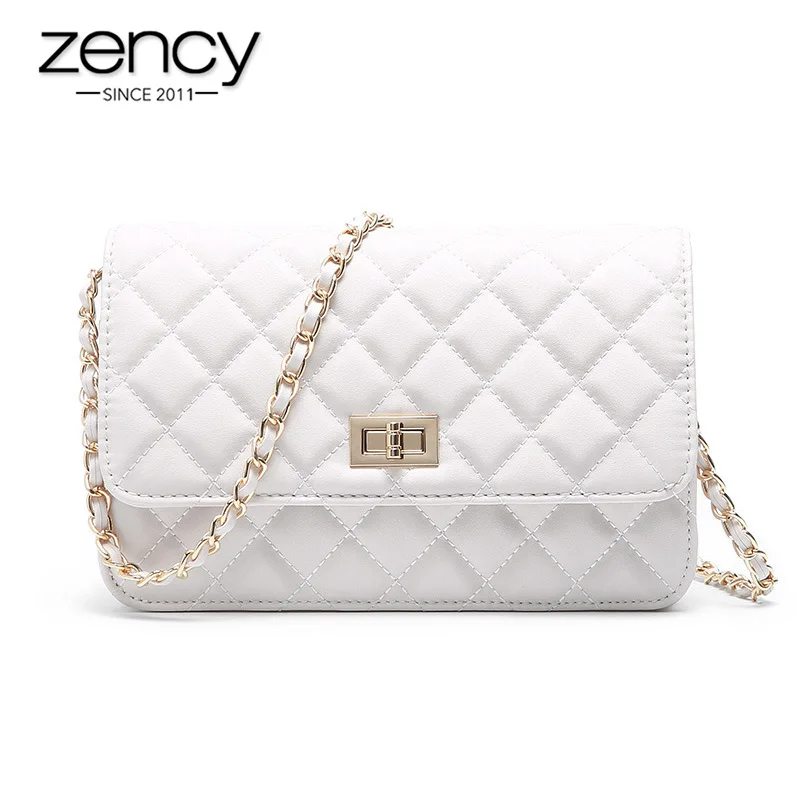 

Zency New Fashion Lady Messenger Bags 100% Genuine Leather Spring Summer White Small Flap Bag Lingge Chain Shoulder Purse Black
