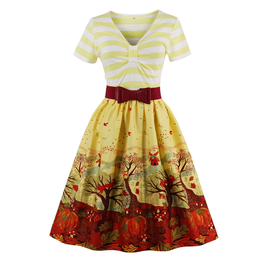 Brand New 2017 Women Vintage Dress Hepburn Retro Print Yellow Dress Robe Rockabilly Feminino Vestidos Hepburn 50s Tunic Dresses