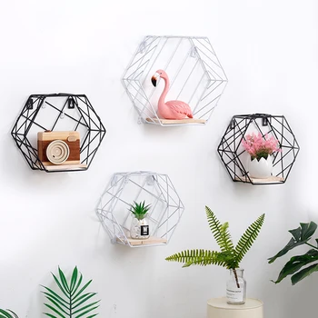 

Creative simple wall hemp rope partition wall hanging ins wall hexagonal wrought iron grid shelf shelf decoration