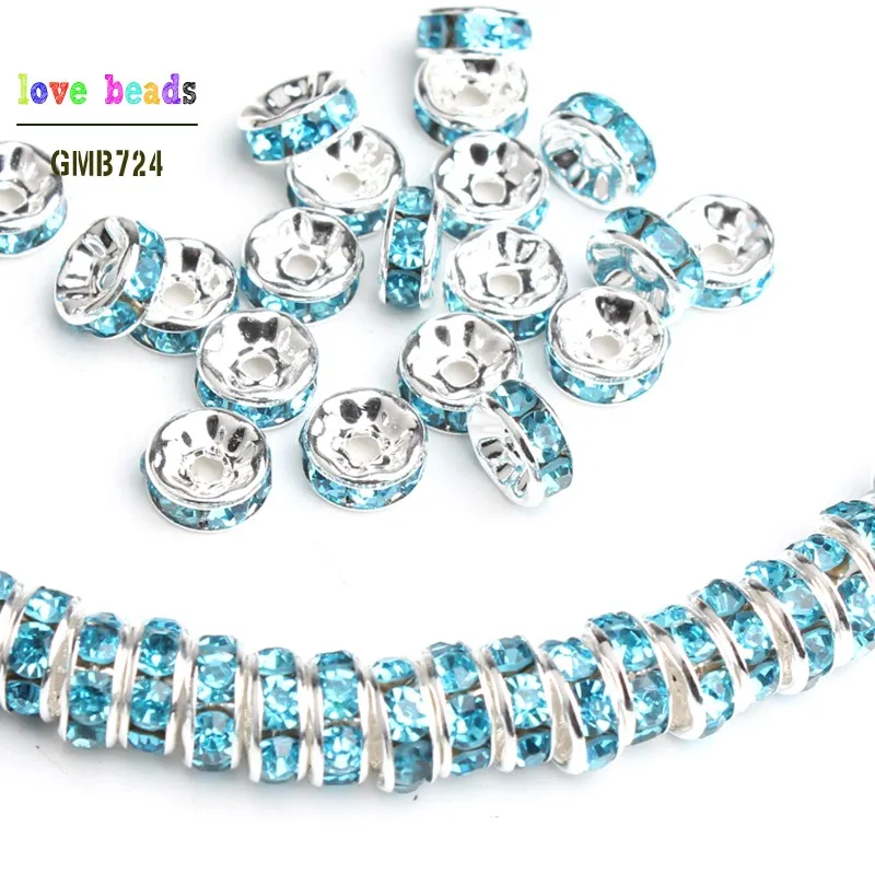 

6/8mm Metal Silver Lake Blue Crystal Rhinestone Rondelle Loose Beads DIY Jewelry Making Accessories 100/200/300pcs/lot