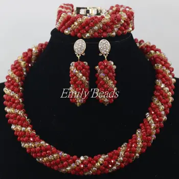 

Marvelous African Beads Wedding Jewelry Set Champagne Gold Red African Costume Bridal Jewelry Set 2016 NEW Free Shipping AIJ263