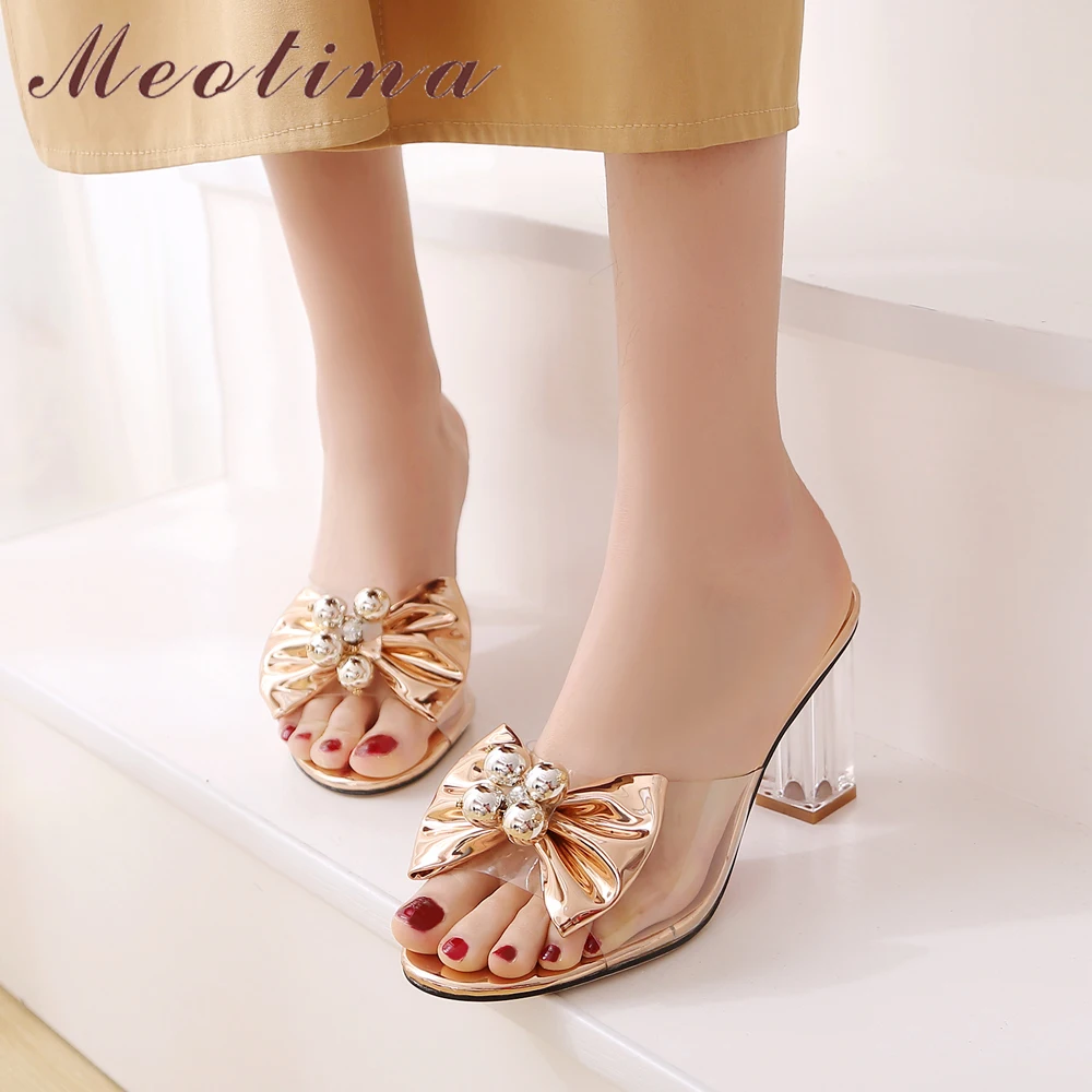 

Meotina Women Slides Summer Shoes Transparent Chunky High Heels Shoes Bow Peep Toe Party Slippers Ladies Sandals Plus Size 33-44