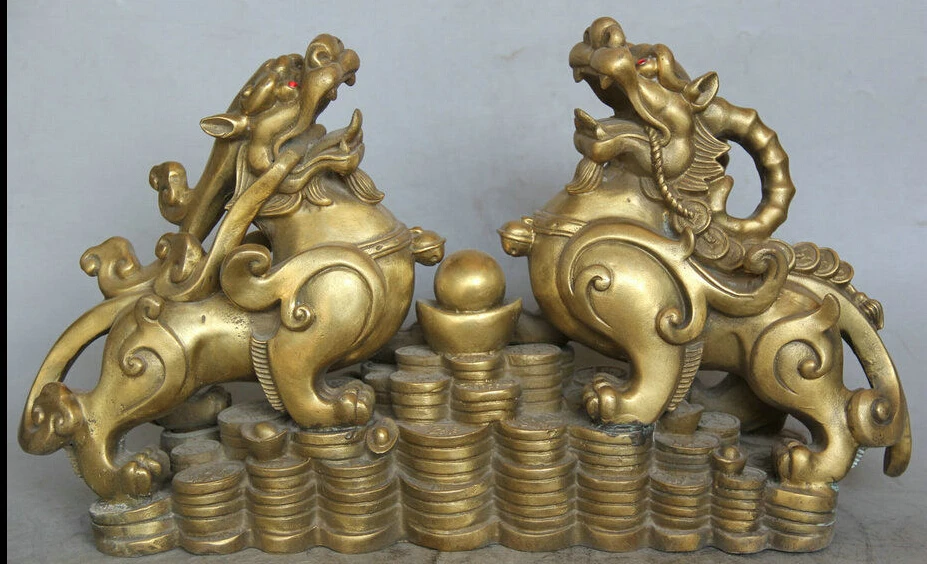 

hui88K818<<<16" Chinese Brass Folk Wealth Money Two Pi Xiu Unicorn Beast sculpture Statue