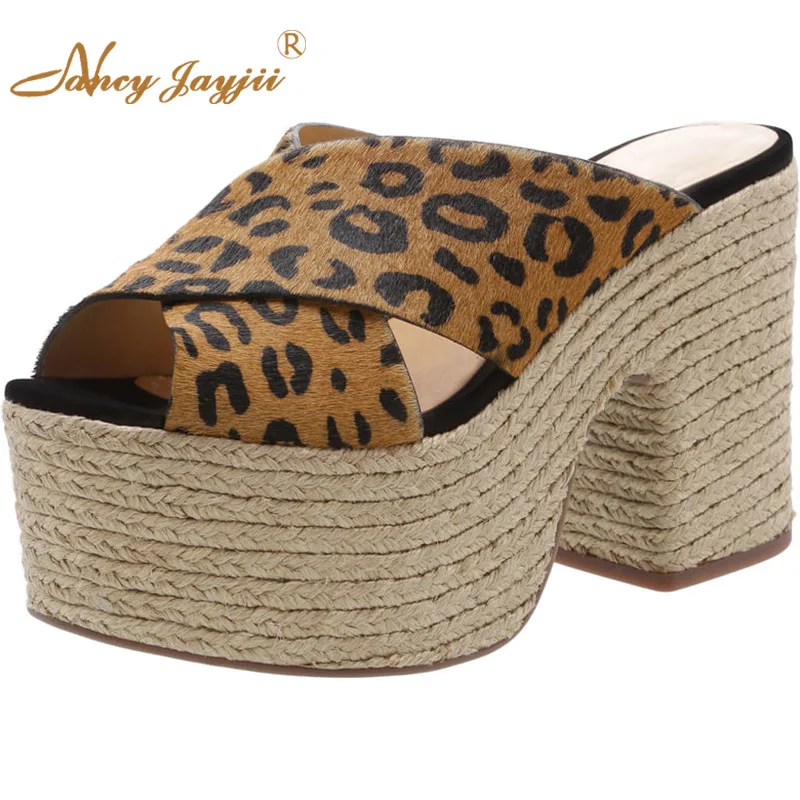 

Straw Espadrilles Brown Leopard High Chunky Heels Platform Sandals Woman Large Size 11 12 For Ladies Shoes Mature Dress Holidays