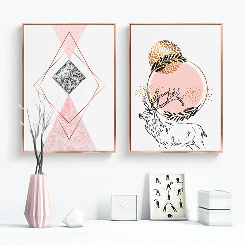 Скандинавские розовые золотые рамки живопись абстрактная гостиная диван фон стены минималистский девушка комната розовый висячие украшения картины