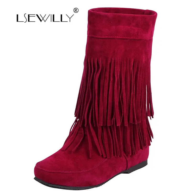 Lsewilly/Женская обувь; сапоги до середины колена с бахромой на каблуке; Теплая обувь без застежки; большие размеры 32-43; зимние сапоги; botas zapotos; AA561