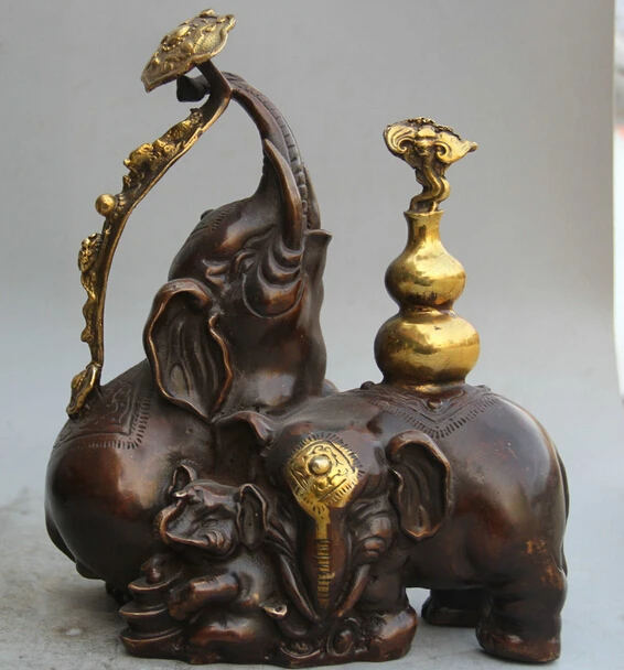 

JP S0524 10" Chinese Bronze Gild Wealth Ru Yi cucurbit three elephant Statue sculpture