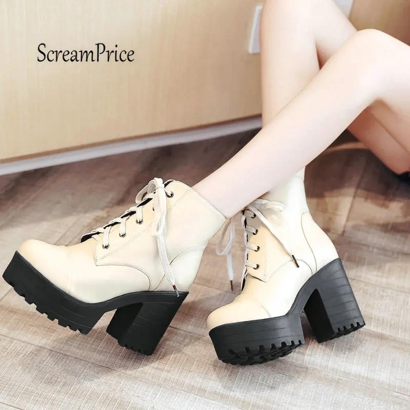 Kopen Vrouwen Dikke Hoge Hak Enkellaars Platform Mode Lace Up Combat Laarzen Winter Vrouw Rijlaarzen