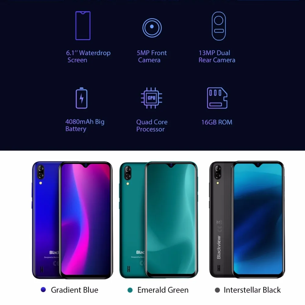  Blackview A60 Smartphone Android GO 8.1 4080mAh Battery 19:9 6.1 inch dual Camera 1GB RAM 16GB ROM 