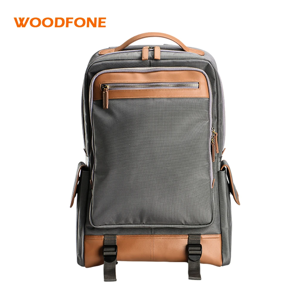 WOODFONE Nylon Men Backpack School Bag Leather Travel Mochila