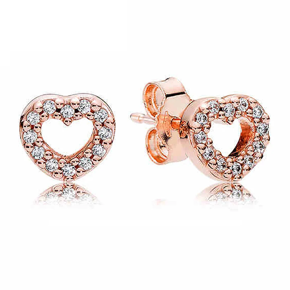 

30% Silver Earring Captured Hearts Studs Earring for women Rose & Clear CZ Girl Gift fit Lady fine Jewelry