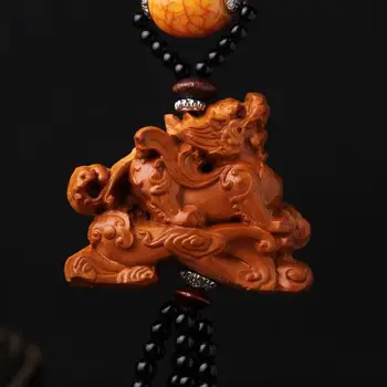 

Chinese Peach Wood Carved Animal Brave Troops Flying On The Clouds Exquisite Car Pendant