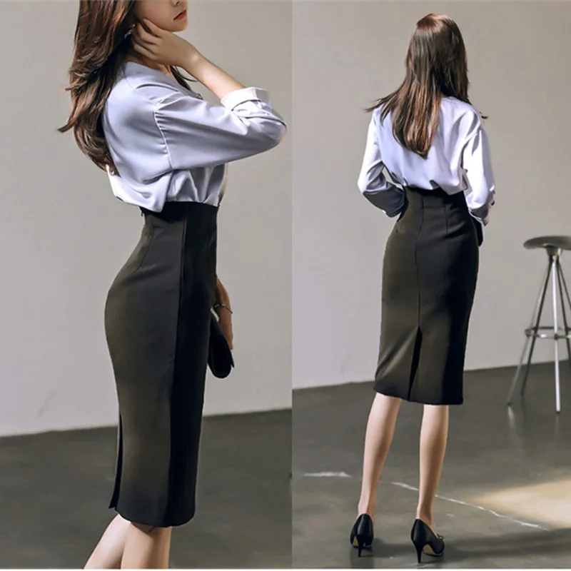 Women Skirts Summer Pencil Skirt Female Spring Autumn Basic High Waist Bodycon Split Knee Length Skirt Simple Black Skirt Female