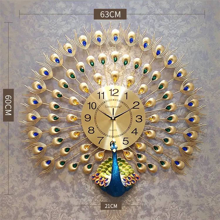 Креативные большие настенные часы ручной работы из металла с бриллиантовым павлином, Цифровые кварцевые немые часы, настенные часы, украшения, подарки - Цвет: 1