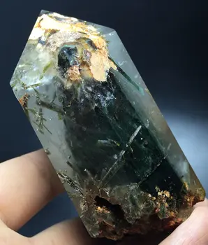 

285g NATURAL Phantom 'Green Red Ghost'and tourmaline QUARTZ Crystal Point healing fengshui